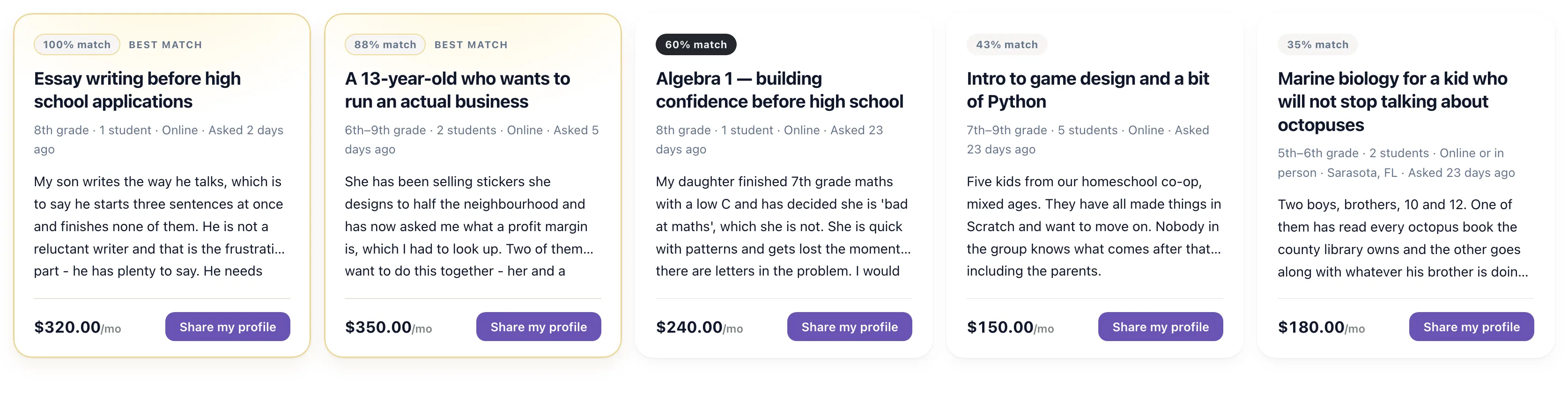 Matchmaking: families&rsquo; requests ranked by how well each one fits what you teach, the two strongest marked Best match